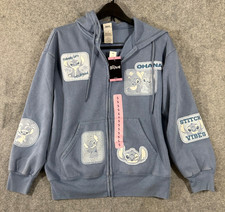 Disney Stitch Hoodie Sweatshirt Womens S Blue Fleece Full Zip Multi Patch NWT