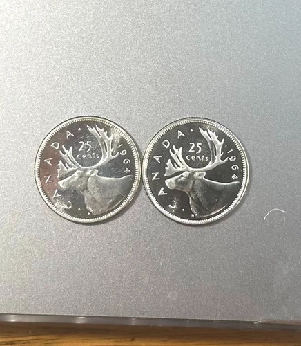2 BU Proof-Like 1964 Silver Canadian Quarters