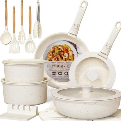 Ceramic Non-stick Cookware 21 Pcs Pots and Pans Set, Detachable Handle, RV Ki...