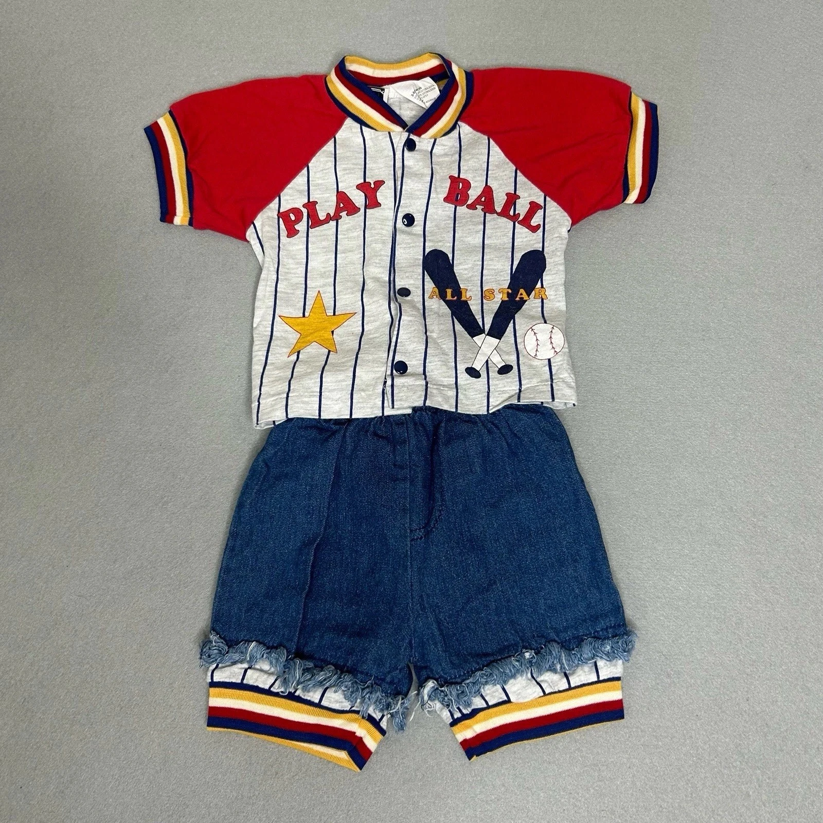 Vintage Boys Set Outfit Baby 3-6 Months Baseball Denim Shorts 80s 90s Pinstripe