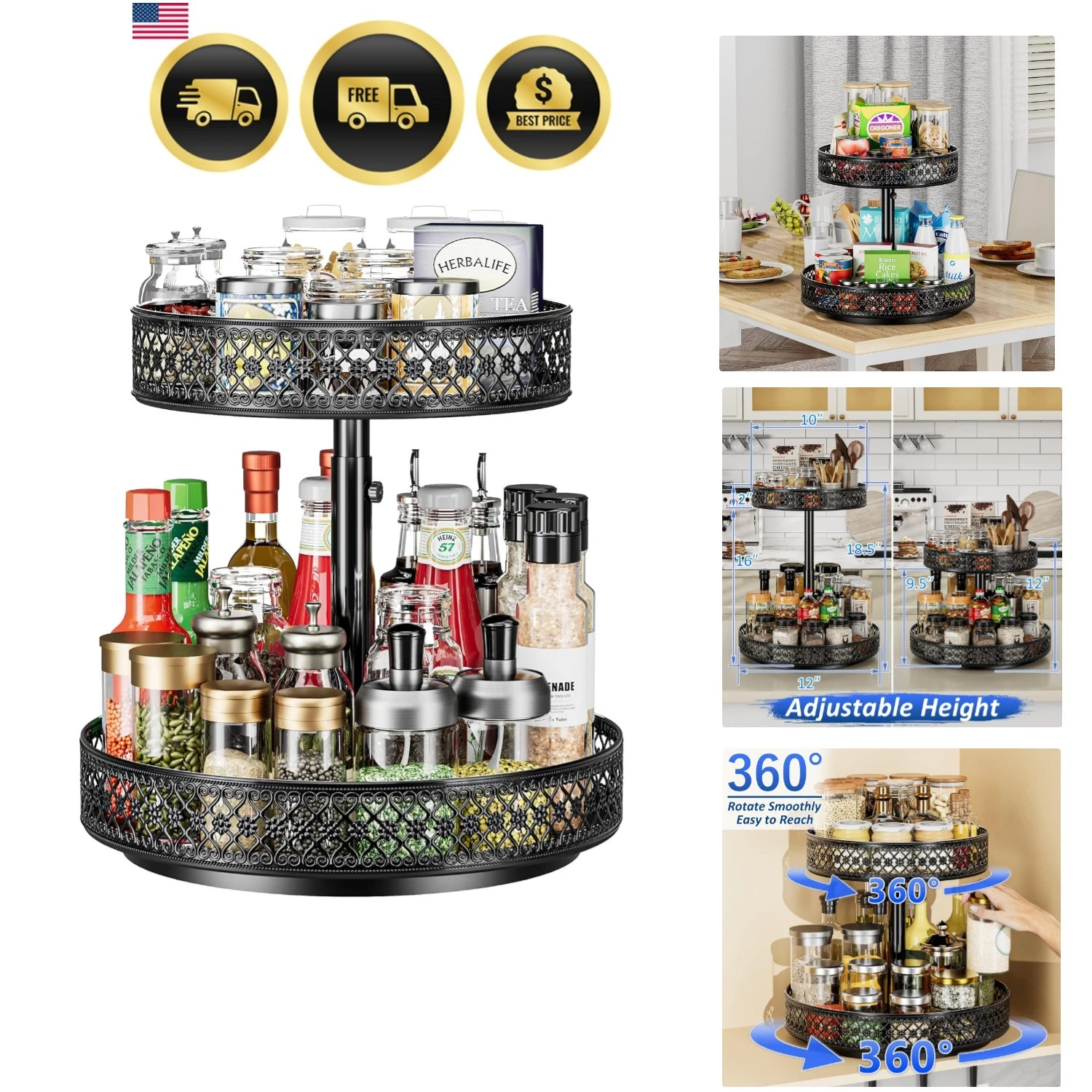 Lazy Susan Organizer 2 Tier - Turntable Spice Rack 12 inch Adjustable Metal R...
