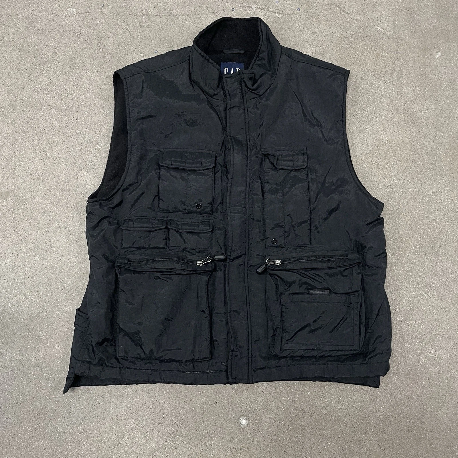 Vintage Gap Men's Nylon Utility Cargo Fleece Lined Vest y2k Black Large
