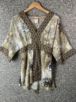 VTG Y2K Womens Shirt Top Brown Floral Babydoll Fairycore Sz L Tie Back Chiffon