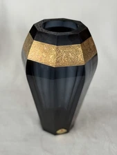 Moser - 8 Sided Dark Amethyst and Inlaid Brass Vase