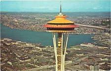 Close-Up View Of The Top Of The Seattle's Space Needle And The Harbor Postcard