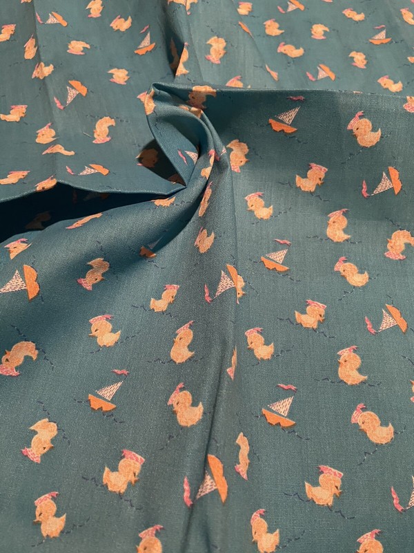 Vintage 1 Yd 21" Blue Sailor Ducks & Boats Print Cotton Fabric & 3 4" Squares