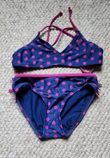 Girls Roxy Floral 2 Piece Swimsuit Navy Magenta Polkadot Size 8