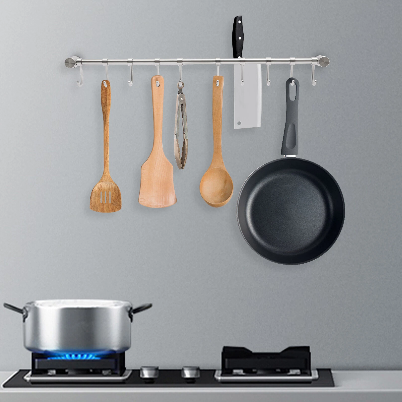 Stainless Steel Utensil Kitchen Rail Hooks Set Wall Hanging Rack Bathroom Holder