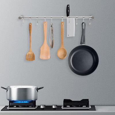 Silver Kitchen Hanging Racks Rail Utensil Storage Hanger w/ 10 Pcs Sliding Hooks
