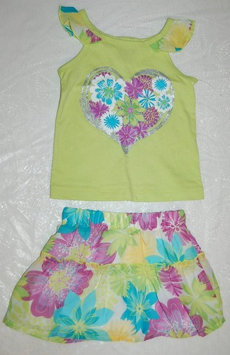 Toddler Girls Outfit SKIRT Purple Turqouise Flowers TANK TOP Lime Green 18 MO