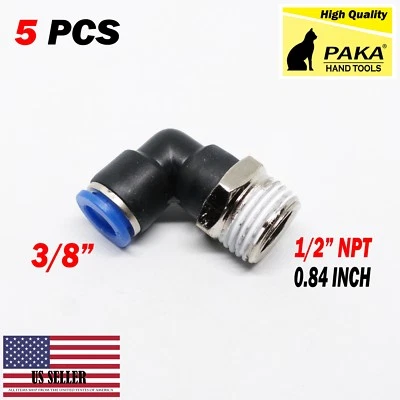 PAKA TOOLS 5pc Pneumatic Male Elbow Connector Tube OD 3/8" (10mm) X NPT 1/2 PU Air Push in