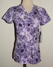New Womens Koi Next Gen XXS Purple Floral V-Neck Stretch Scrub Top