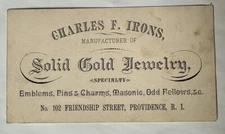 VICTORIAN JEWELER’S TRADE CARD Chas Irons Emblems Masonic Gold Providence RI B15