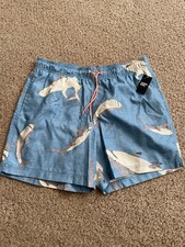 Lands' End Men L Mesh Lined 6in Blue Shark Print Shorts Swim Trunks Pockets NWT