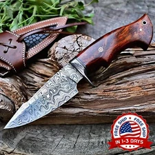 Cuchillo De Caza De Damasco De 10″ Hecho A Mano Con Funda De Cuero Para Acampar