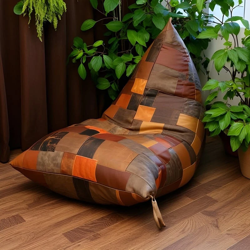 Vintage Leather Patchwork Bean Bag Cover - Upcycled Cowhide Lounger - Image 2 of 4