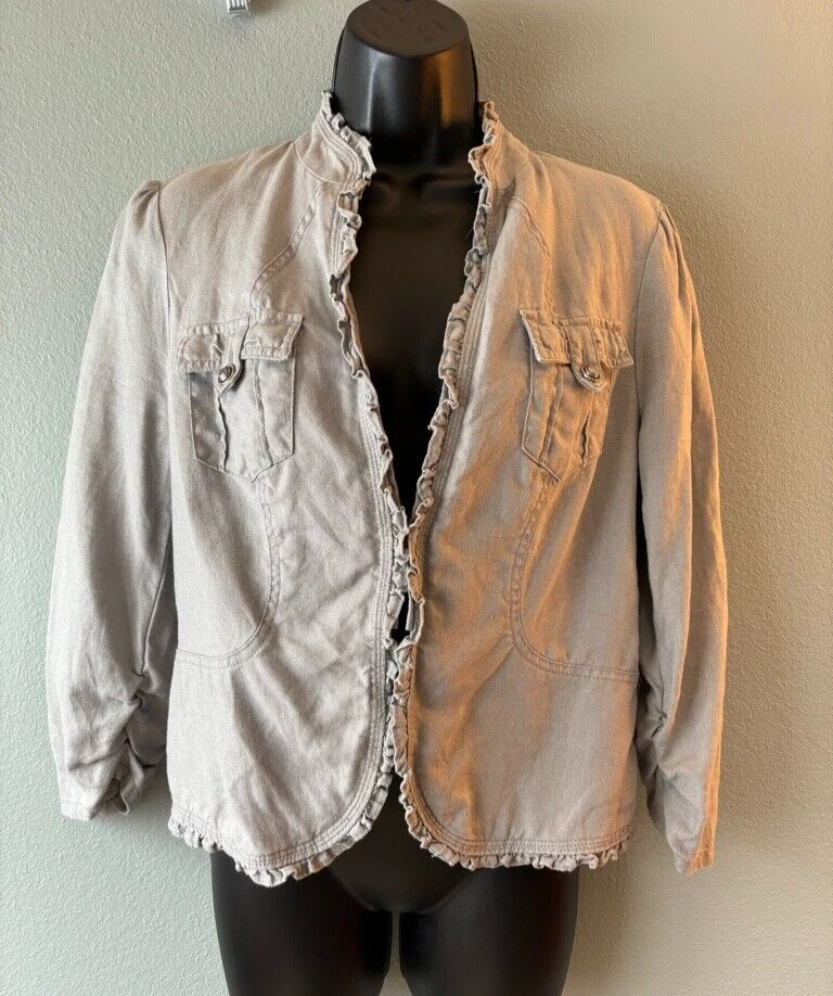 INC International Womens Crop Gray Linen 3/4 Sleeve Blazer Jacket Pockets Medium - Image 2 of 4