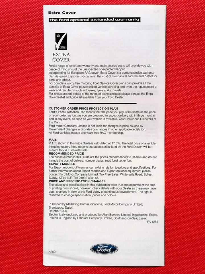 1996 FORD KA PRICE LIST - Ka 1.3i, Ka2 1.3i - Excellent - Image 2 of 2