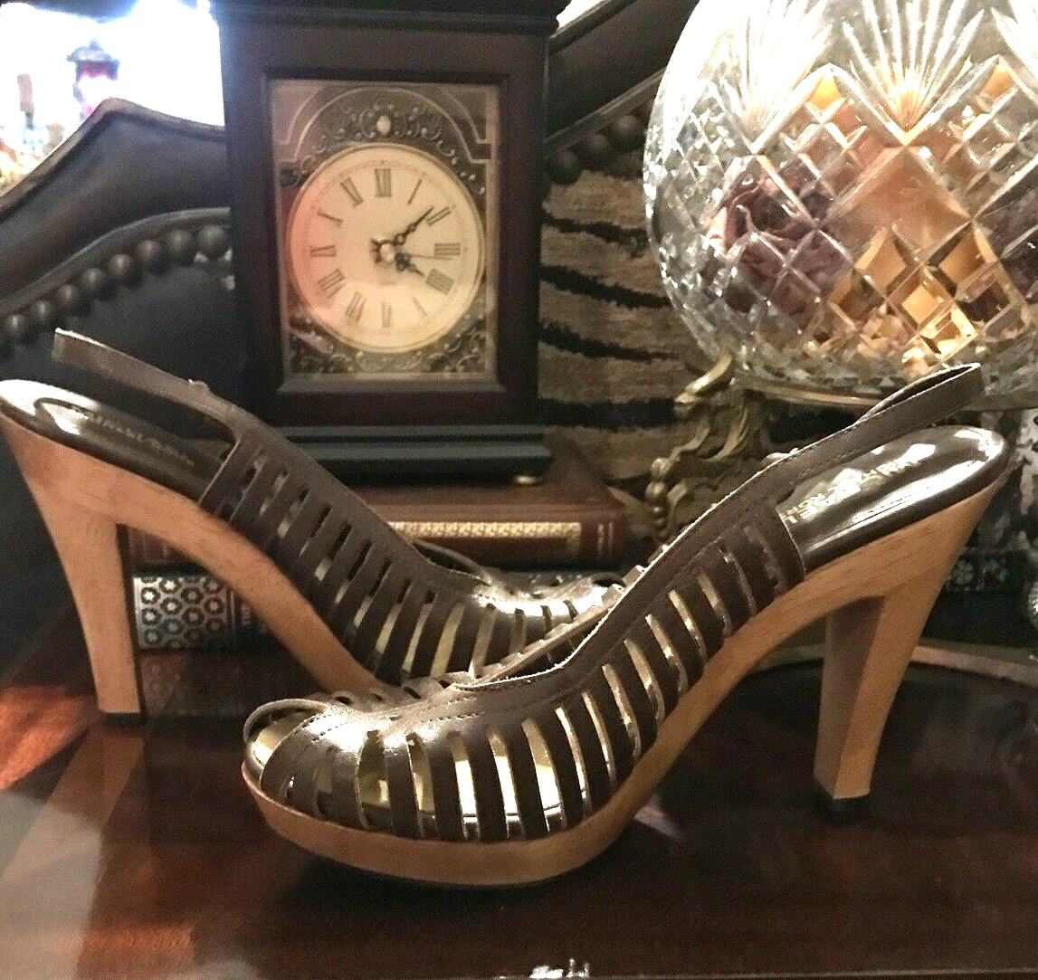 MICHAEL KORS Strappy Brown It. Leather Platform Sandals Wood Heels Shoes 8M NWOT