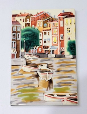 Benaya Keramik Wandrelief - mediterrane Hafenszene Boote - Vintage Fliese