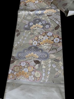 Obi Nishijin textile SILK FUKURO OBI embroidered Floral GOLD SILVER New 12 -180 