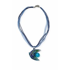 Blue Art Glass Swirl Fish Pendant Necklace on Multi-Strand Ribbon Cord