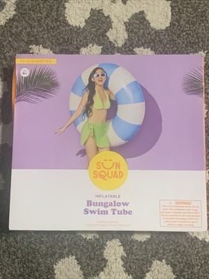 Sun Squad  Pool Swim 42  Inflatable Bungalow Tube Ring Float Blue White Stripes