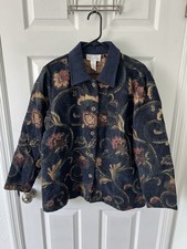 Susan Graver Tapestry Jacket Dark Blue W/ Floral Print Button Front Women  s XL