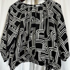 Nine West Retro Black White Geometric Print Bardot Off Shoulder Blouse Top XL