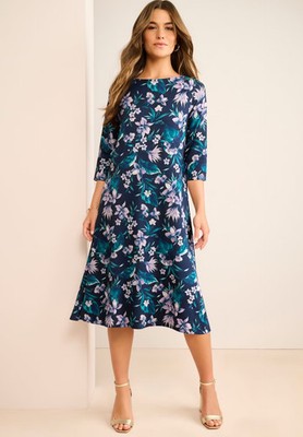 Roaman's Women's Plus Size 3/4 Sleeve Boatneck Swing Dress