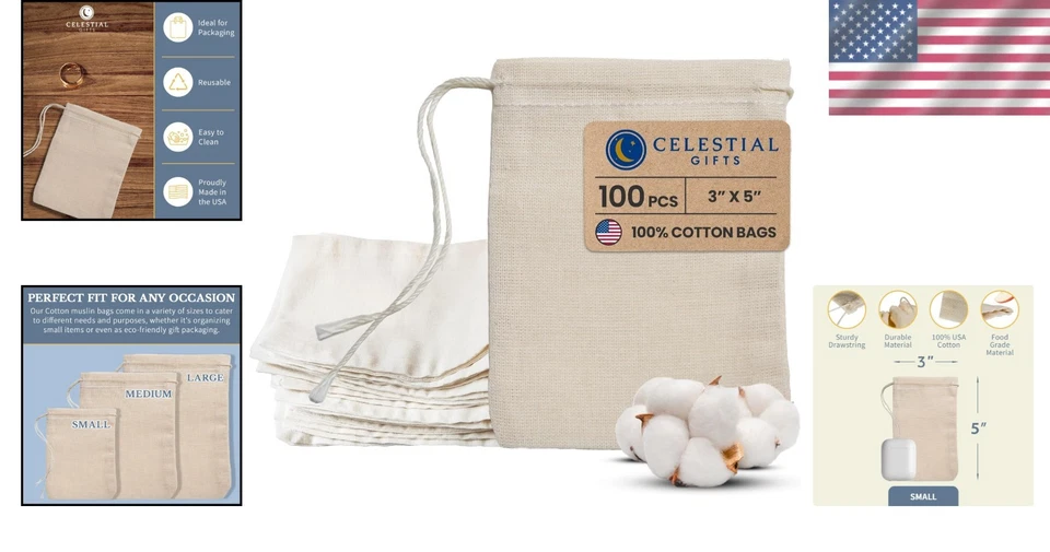 Small Reusable Muslin Bags - 3x5 Inch - Pack of 100 - Cotton - Image 2 of 4