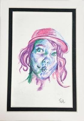 Original Cute Playful Girl Portrait Drawing Color Pencil 4x6 Matted 5x7 OOAK Art