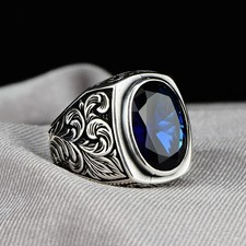 Polished 925 Sterling Silver Blue Sapphire Gemstone Engraved Style Men's Ring