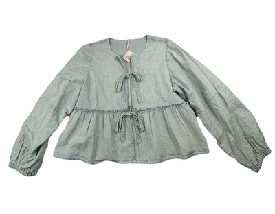 Free People Brunch Babe Denim Blouse Women s Med Lt Blue Peplum Tie Front NWT