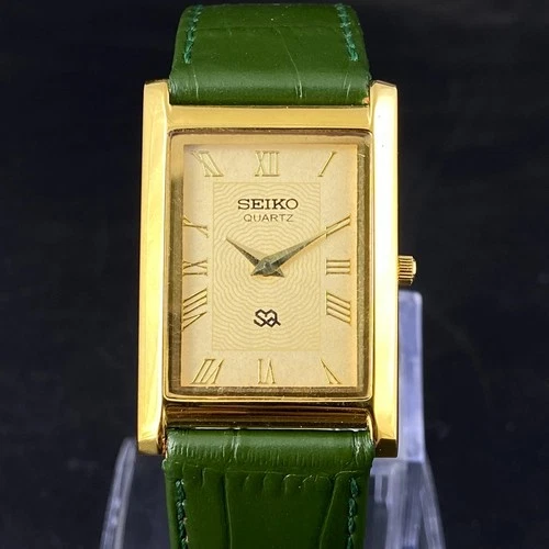 Vintage Seiko Slim Tank Quartz Men Golden  Dial Dress Watch-Free DDP Shipping