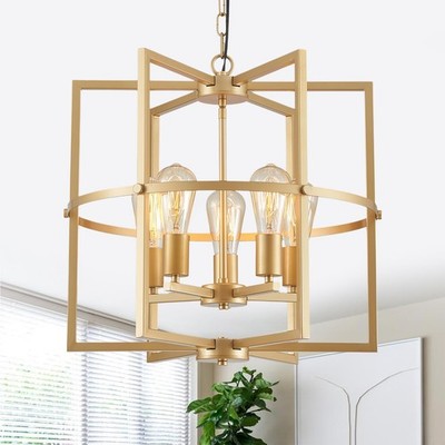 Avzkcy 5-Light Rustic Chandelier - Modern Gold Cage Pendant Lighting Fixture