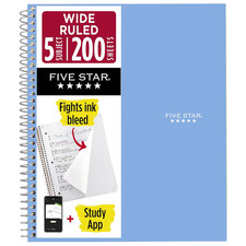 Five Star Spiral Notebook  Study App, 5 Subject, Wide Ruled Paper, 8" X 10-1/2"