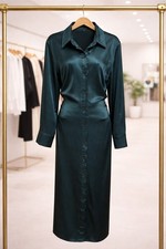 ZARA Satin Maxi Shirt Dress XL Green Ruched Side Button Front Belted Elegant