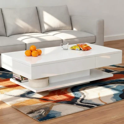 Weiß Couchtisch Hochglanz Kaffeetisch mit 2 Schubladen Sofatisch 100x60x35 cm - Bild 1 von 4