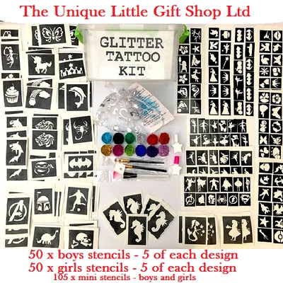 THE UNIQUE LITTLE GIFT SHOP LTD GLITTER TATTOO KIT boy girl 205 stencil 12 glitter storage box or refill stencil