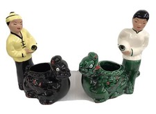 Pair LE BOW OF CALI Mid Century Modern POTTERY Asian Couple Dragon Vases
