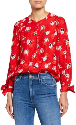 Rebecca Taylor Size Ikat Paintbrush Silk Jacquard Top Tie Puff