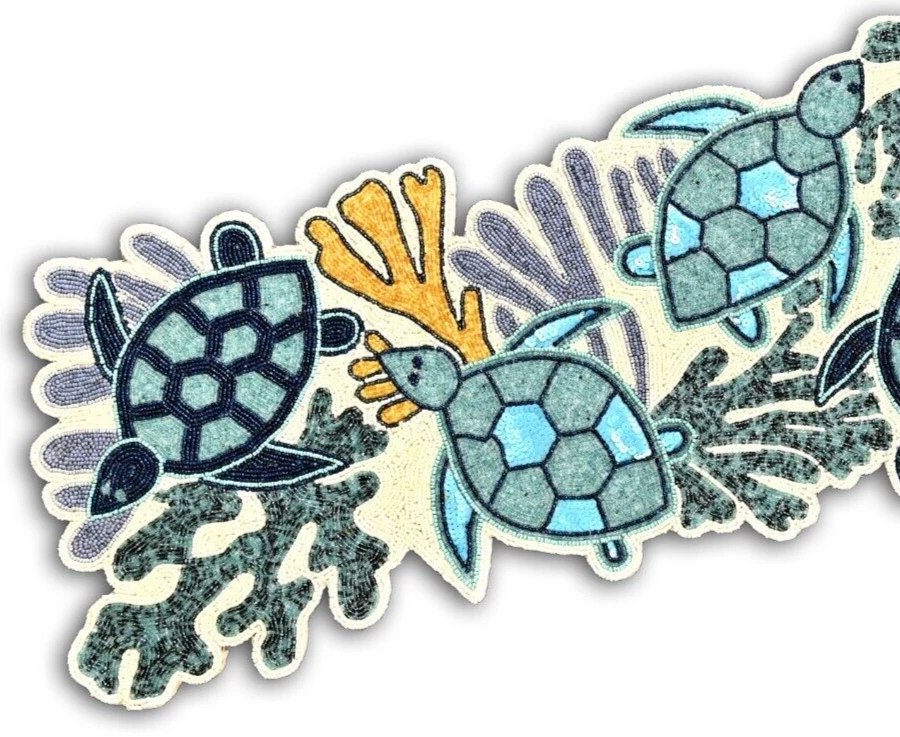 Beaded Table Runner, Coral Turtle Design Table Runner, Luxury Tableware 13X36 In - Image 3 of 4