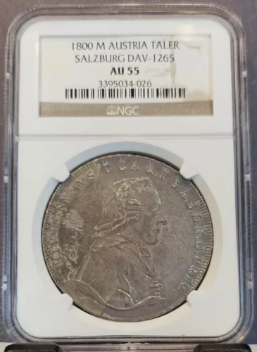 1800 AUSTRIA SILVER 1 TALER SALZBURG DAV 1265 NGC AU 55 SCARCE HIGH GRADE