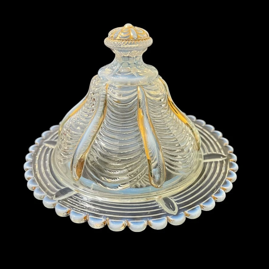 Northwood Drapery Clear Opalescent Covered Butter Dish Gold Gilded Signed Glass