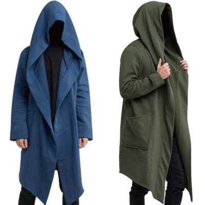 Men Plain Cardigan Long Jacket Casual Trench Cloak Cape Coat Hooded Outwears
