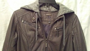 Details About L2 Couture Faux Leather Jacket Hoodie Grayish Taupe W Heather Gray Hood Large