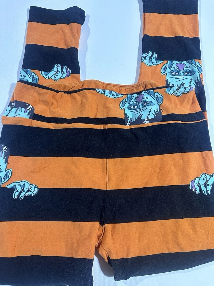 Leggings LuLaRoe TC2 em excelente estado usado listra preta laranja FRANKENSTEIN Monster HALLOWEEN - Imagem 4 de 4