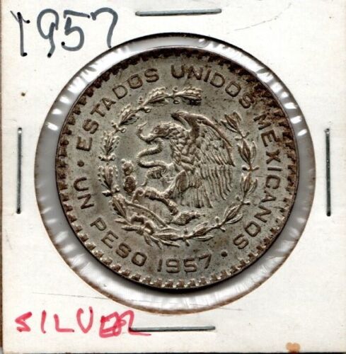 1957 Mexico Coin UN 1 Peso Morelos UNC Silver, 34.5mm, KM#459
