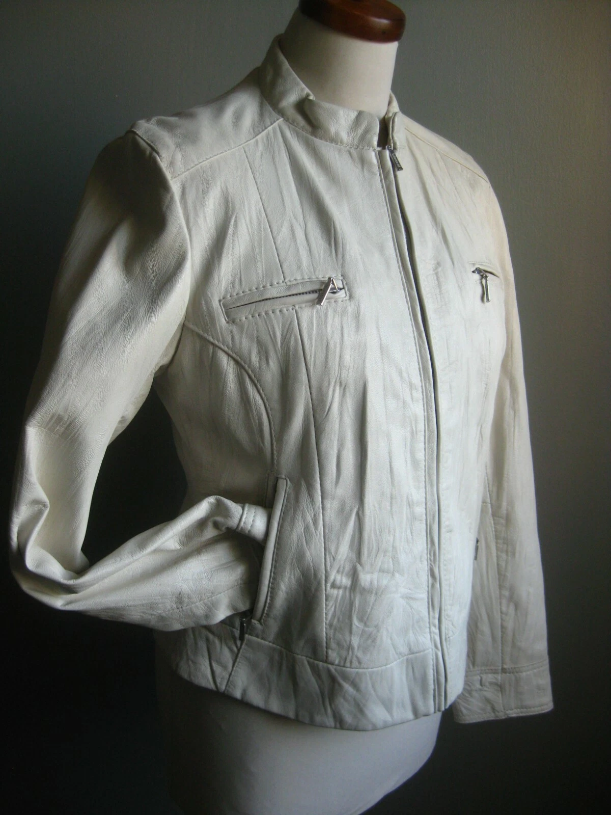 OFF WHITE LAKELAND GIACCA PELLE BIANCA BIKER RACER avorio crema cappotto morbido 10 8 vero